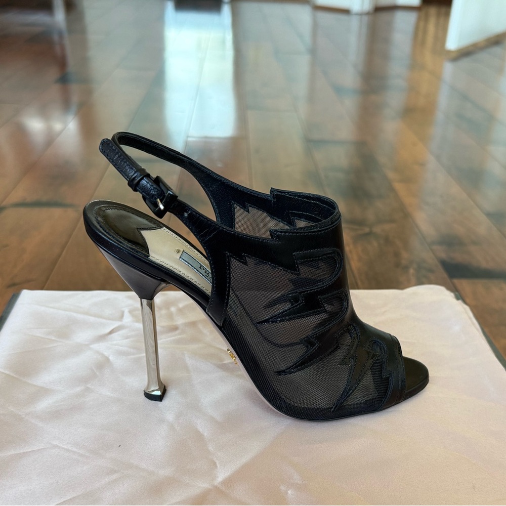 Prada Milano Peep Toe Booties in black leather and mesh. Size IT 37.